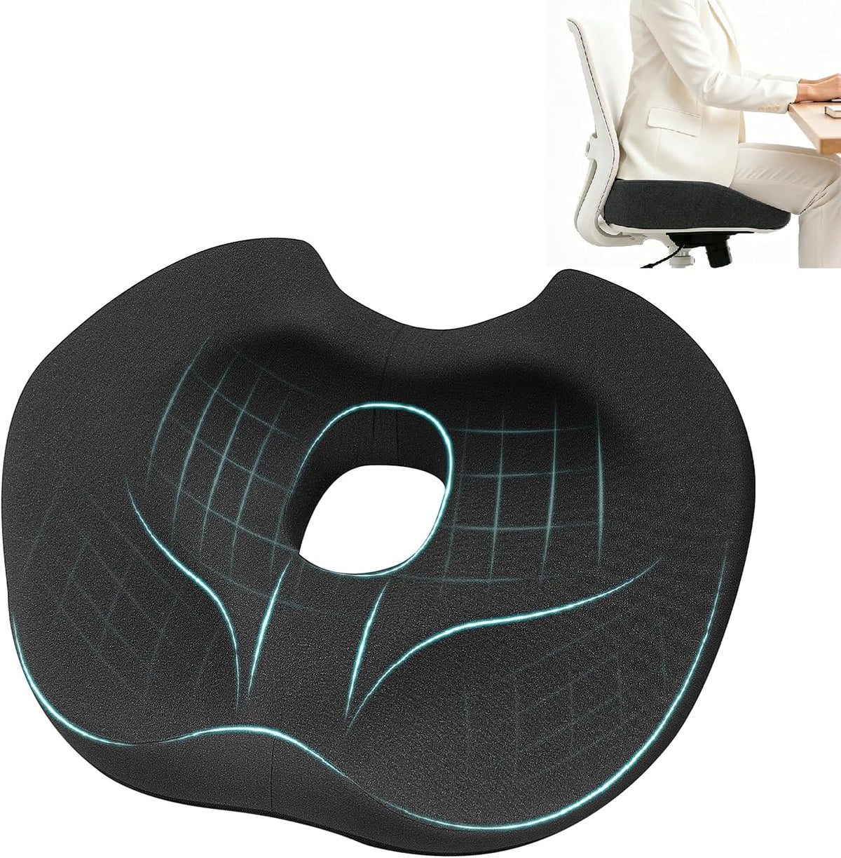Seat Cushion,Memory Foam Coccyx Cushion for Relief Sciatica,Hip and Tailbone Pain,Seat Cushion with Non-Slip Base for Office Chairs,Wheelchair,Car,Seat Cushions for Long Sitting,Black