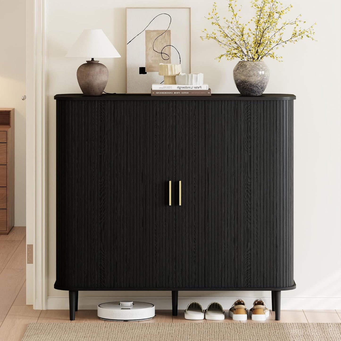 DHH Shoe Storage Cabinet with Sliding Door, 6-Tier Shoe Cabinet with Adjustable Shelves, Modern Freestanding Shoe Storage Organizer for Entryway, Hallway, Living Room (Walnut, 47 ")