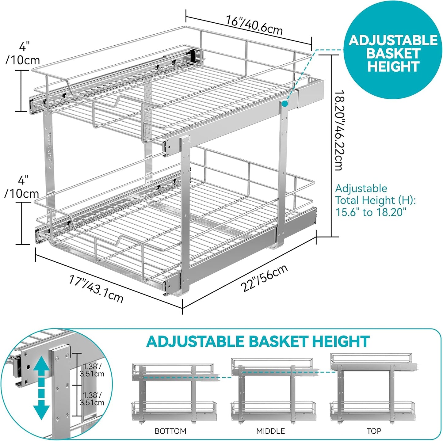 Pull Out Cabinet Organizer 15" W X 22" D, Chromed, Full Slide Out Drawers | For Kitchen Organizers and Storage, Pull Out Drawers For Cabinets Capacity Heavy Duty Caddy, Cabinet Shelves, Bathroom Pantry