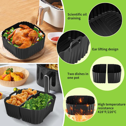 Air Fryer Silicone Liners Square for Chefman 8QT Air Fryer 3 Pack Reusable | Silicone Pot Baking Accessories for Instant, Nuwave, Gourmia and other 8QT to 10QT Large AirFryer, 2 In 1 Liners