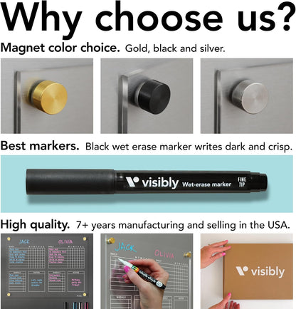 Magnetic Acrylic Chore Chart for Fridge, Weekly Planner & Task Board with Notes, 12” x 9” Clear Refrigerator Organizer, Includes 4 Magnetic Wet-Erase Markers, Black Magnets
