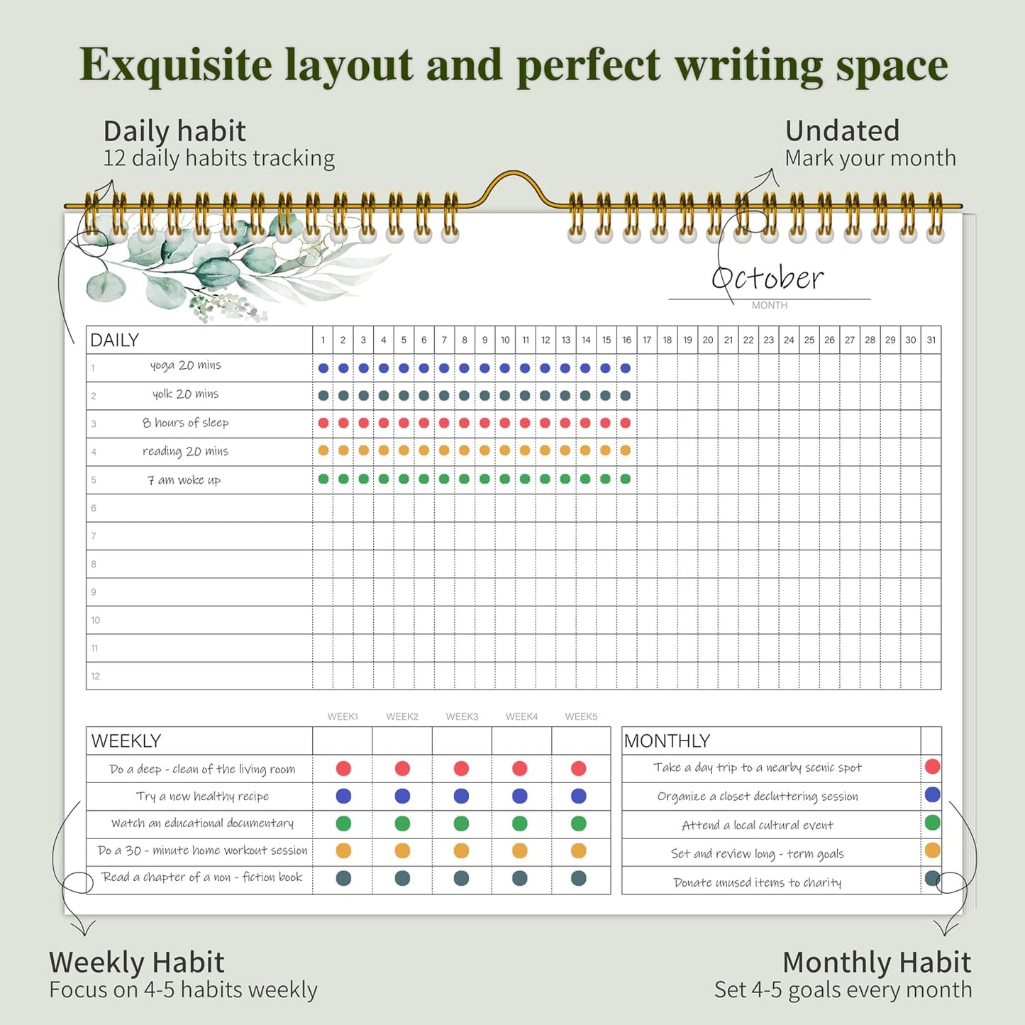 Habit Tracker Calendar Undated for Daily, Weekly & Monthly, 7.5" x 10" | 365 Daily Habit Tracker, 12 Monthly Habit Journal, No-Bleed Paper, Smooth Writing, Spiral Hanging Loop on Top