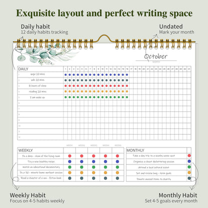 Habit Tracker Calendar Undated for Daily, Weekly & Monthly, 7.5" x 10" | 365 Daily Habit Tracker, 12 Monthly Habit Journal, No-Bleed Paper, Smooth Writing, Spiral Hanging Loop on Top