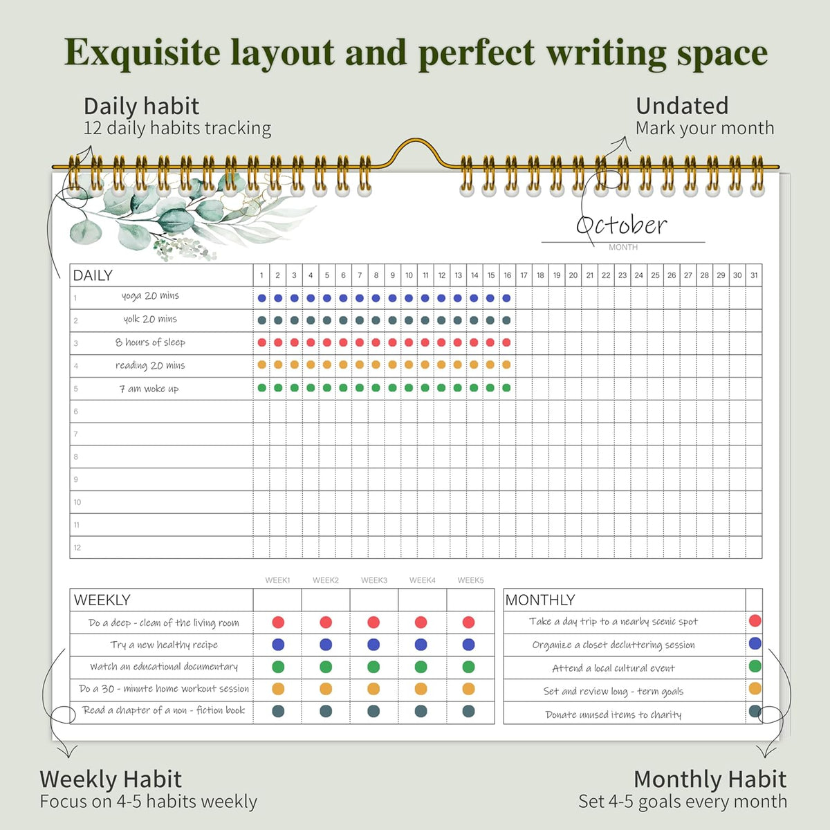 Habit Tracker Calendar Undated for Daily, Weekly & Monthly, 7.5" x 10"