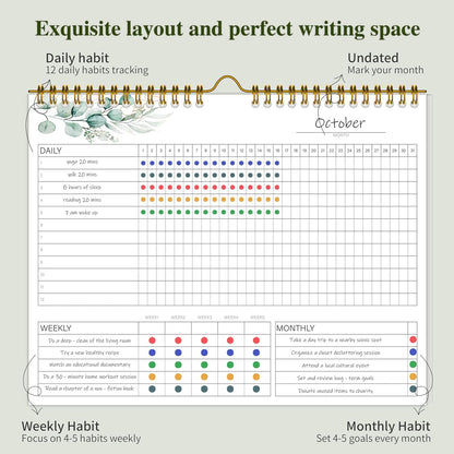Habit Tracker Calendar Undated for Daily, Weekly & Monthly, 7.5" x 10"