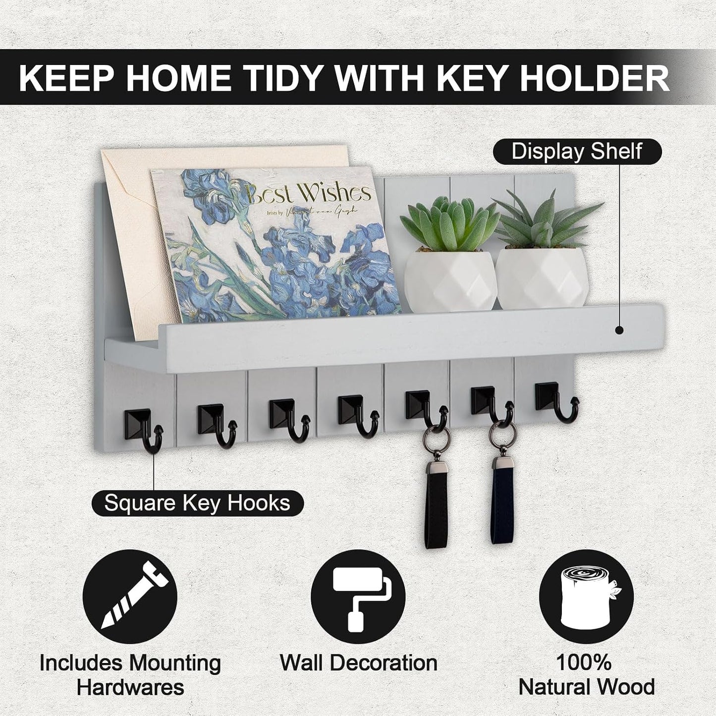 Key Holder for Wall, Decorative Key Holder with Shelf | Key and Mail Holder Wall Mount, Farmhouse Decor with 5 Key Hooks for Keys, Coats, ect.