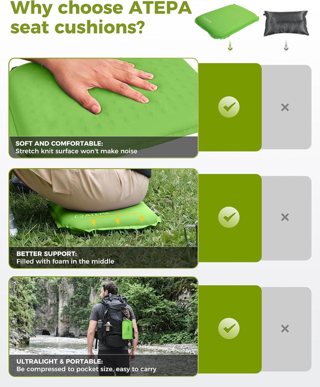 ATEPA Inflatable Seat Cushion | 2" & 2.5" foam core seat pad, Self inflating, Compact, Stadium, Airplane, Travel, Camping, Hiking, Sports events