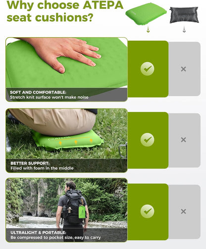 ATEPA Inflatable Seat Cushion | 2" & 2.5" foam core seat pad, Self inflating, Compact, Stadium, Airplane, Travel, Camping, Hiking, Sports events