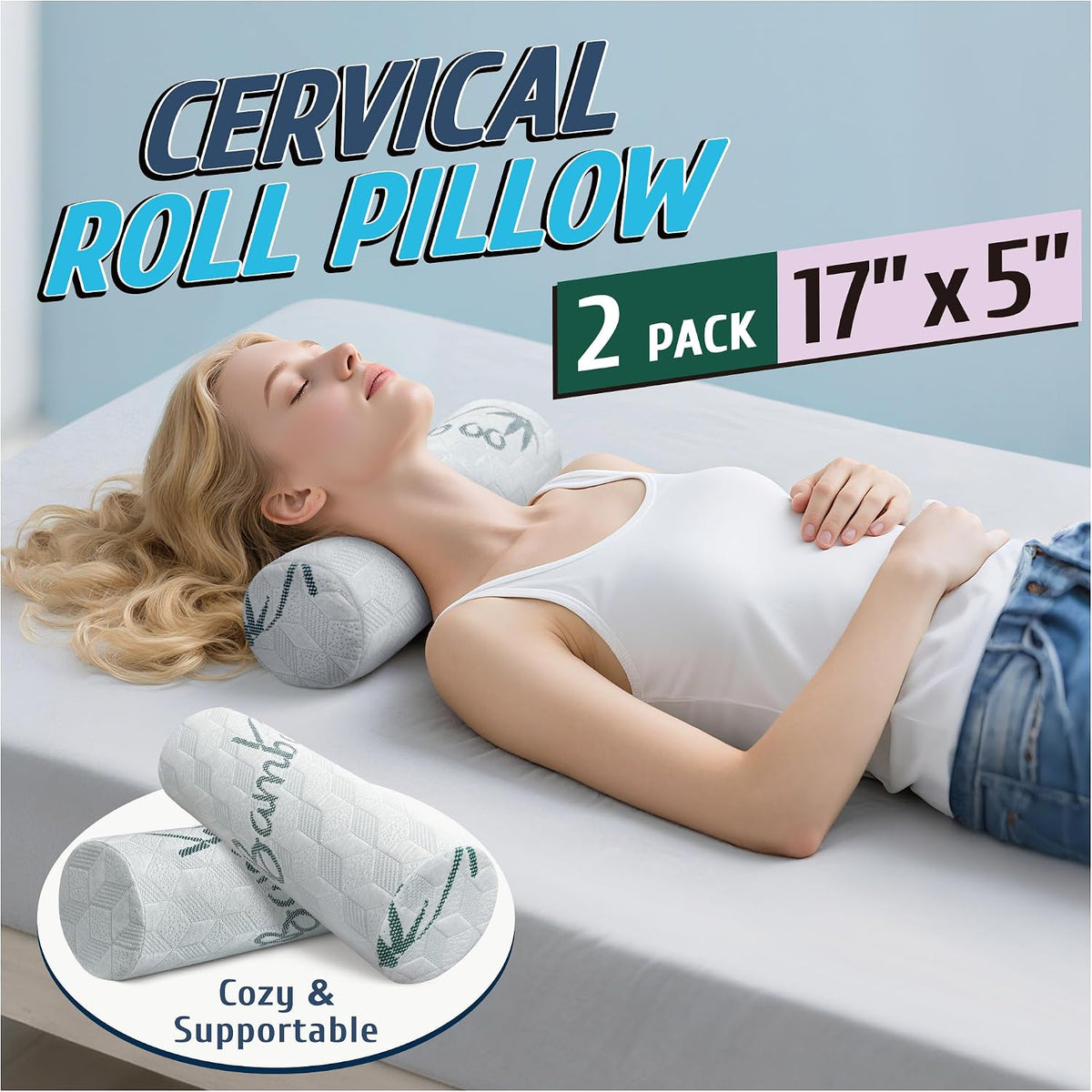Cervical Roll Pillow, Cylinder Neck Pillow with Removable Washable Cover