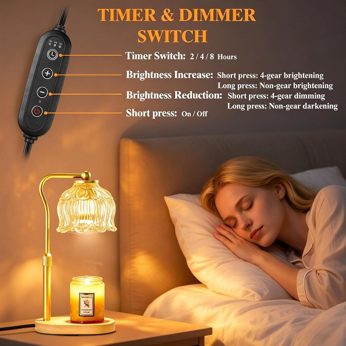 CASTLELIFE Electric Candle Warmer Lamp with Timer & Dimmer, Height Adjustable Wax Warmer for Jar Candles, Flower Wax Melter with Wood Base, Home Decor House Warming Gifts for Women Mom, Natural Wood