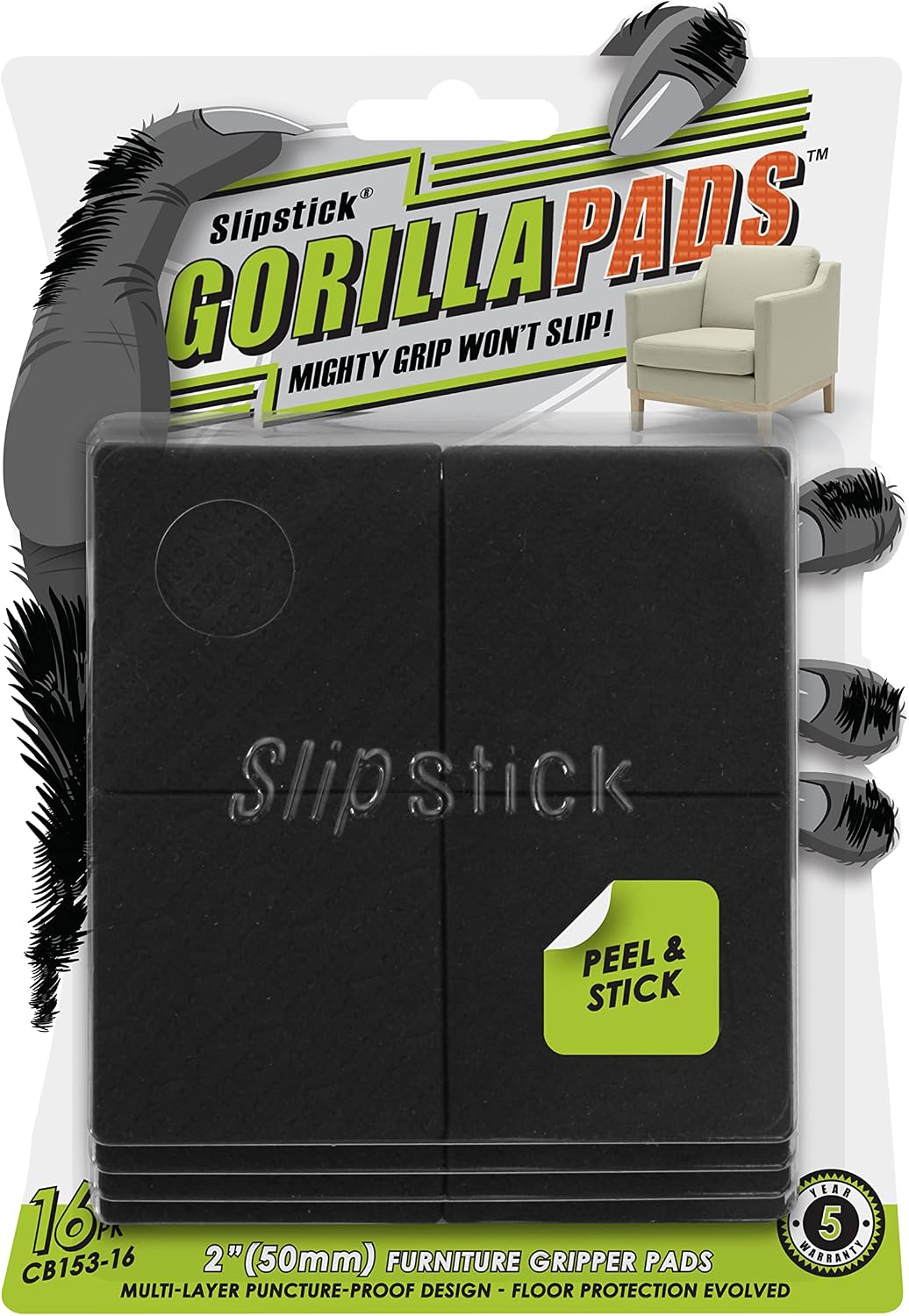 Slipstick GorillaPads CB147 Non Slip Furniture Pads/Gripper Feet (Set of 16) Self Adhesive Rubber Floor Protectors, 1 inch Round, Black