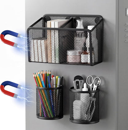3 Pcs Magnetic Locker Accessories Mesh Metal Pen Holder,Sage Green | Strong Magnets Magnetic Pencil Holder, Mesh Metal Marker Storage Basket Organizer, for Locker Whiteboard Fridge School Office