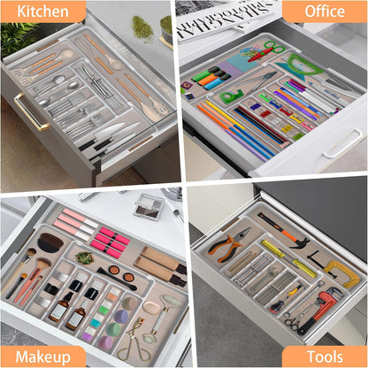 Large Silverware Drawer Organizer Expandable Kitchen Utensil Organizer BPA Free Flatware Cutlery Holder Tray Adjustable Plastic Drawer Divider Storage for Forks Knives 6-9 Slots White