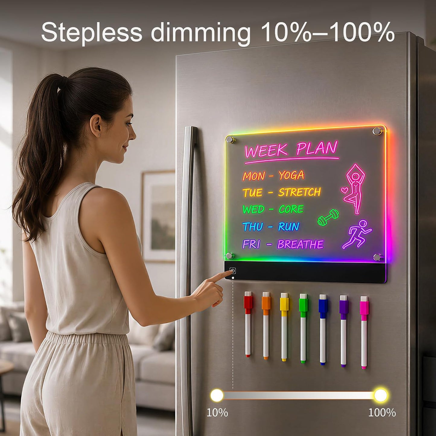 LED Acrylic Magnetic Dry Erase Board for Fridge, 14"*10.5" Weekly Planner Whiteboard, Rechargeable Clear Menu Board with 7Markers, 4 Light Effects, Magnetic Note to Do List/Meal/Grocery/Memo Planner