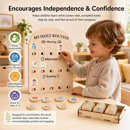 My Daily Routine Chart for Kids with Sliding Checklist – Wooden Visual Schedule Board for 3-5 Years Toddlers, Morning Afternoon Bedtime Activity Chore Chart for Independence Self Discipline