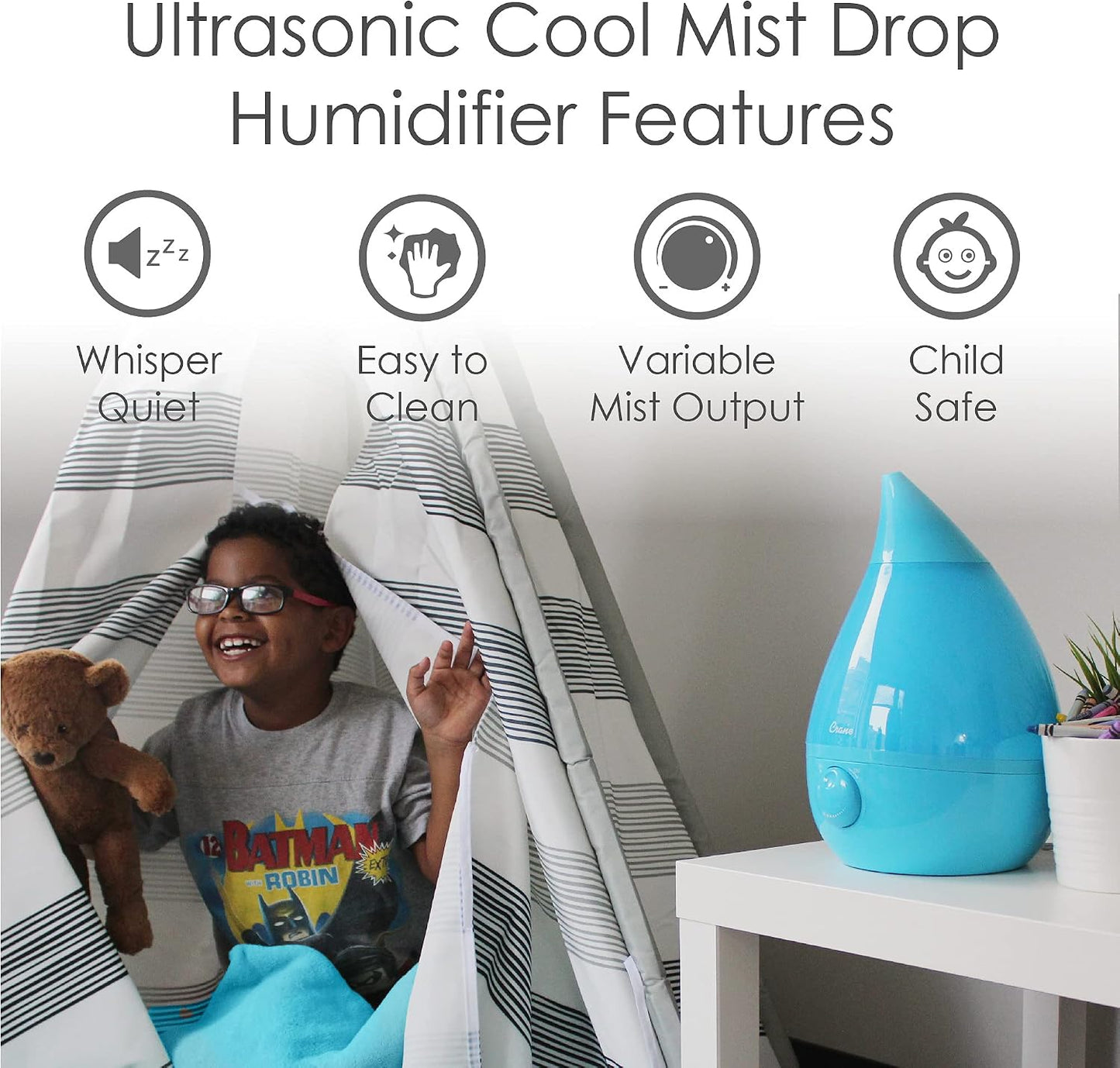 Crane Ultrasonic Cool Mist Humidifier for Bedroom, Baby Nursery, Kids Room, Plants, or Office, Large 1 Gallon Tank, Filter Optional, Blue and White