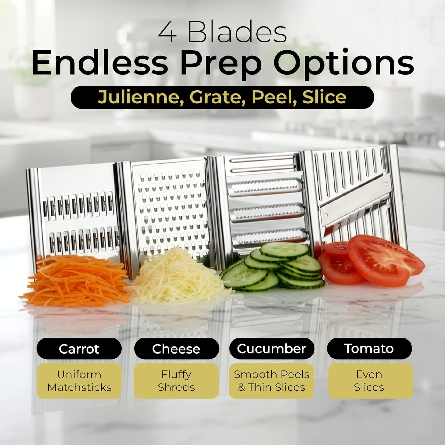 Gramercy Handheld Mandoline Slicer for Kitchen - Stainless Steel Veggie & Fruit Slicer with 4 Blades - Slicer, Julienne & Grater, Cut Resistant Safety Glove & Cleaning Brush Included, Dishwasher Safe