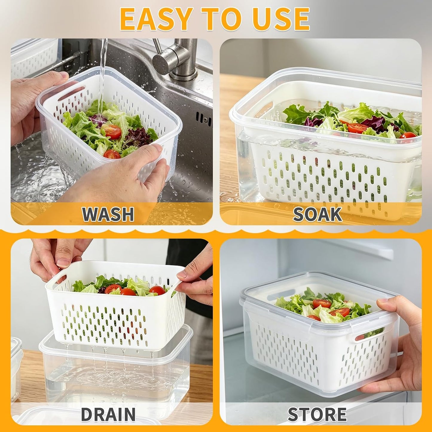Salad Storage Container for Refrigerator, Salad Crisper Container for Fridge, 3 Pack No-Leak Food Storage Containers, Removable, Sealed Silicone Gasket, Simple to Use, Great for Salads