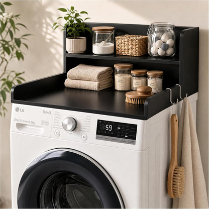 2-Tier Washer Dryer Countertop with Shelves & Metal Hooks, 27" W x 27.5" D Large Laundry Topper for Room Organization & Folding Clothes & Storage(Oak)