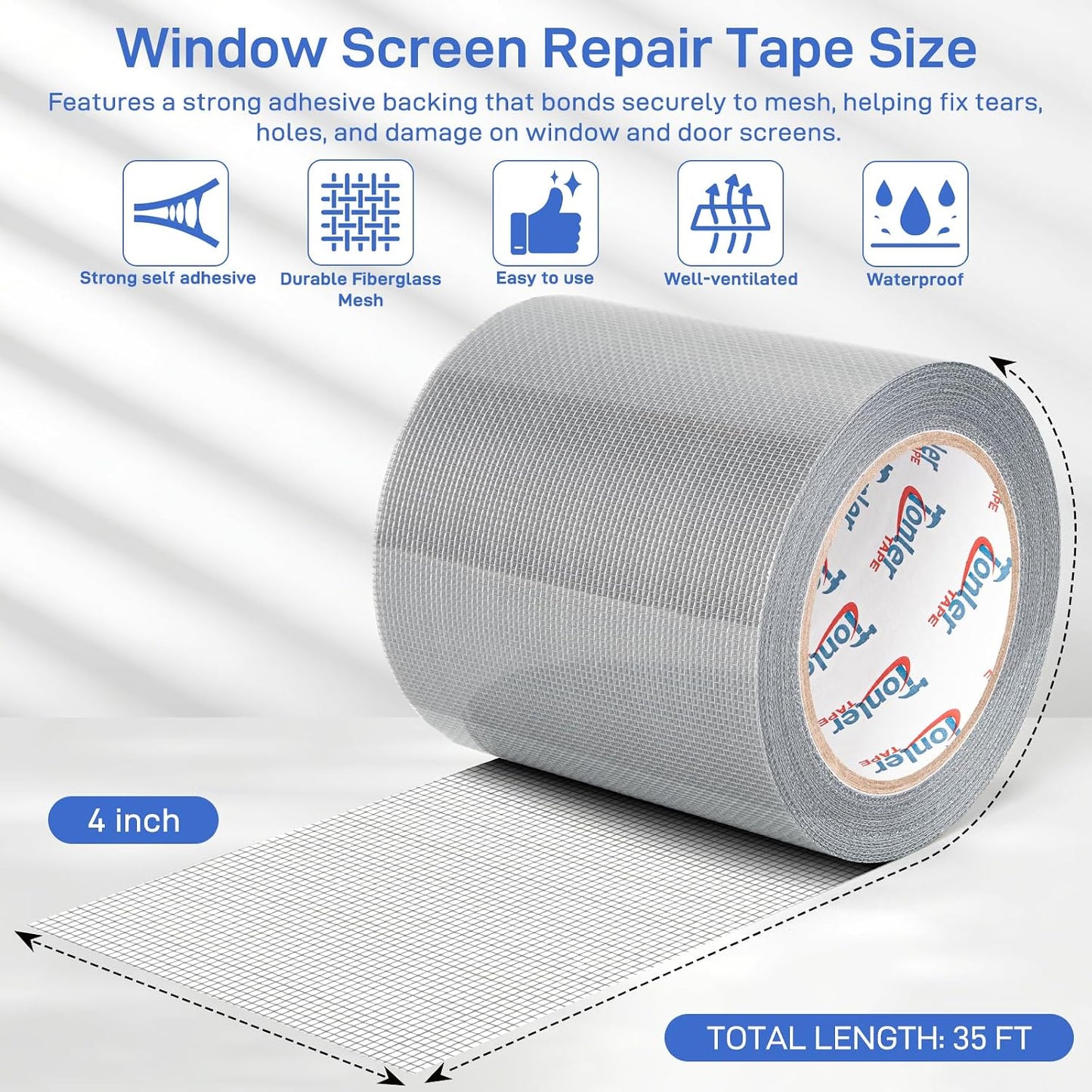 Gray Fiberglass Screen Mesh Patch Tape 2" x 35FT Strong Adhesive Repair Kit | Strong adhesive fiberglass mesh repair kit for screen holes and tears, easy to cut and apply, waterproof indoor outdoor
