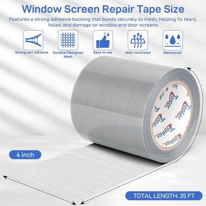 Gray Fiberglass Screen Mesh Patch Tape 2" x 35FT Strong Adhesive Repair Kit | Strong adhesive fiberglass mesh repair kit for screen holes and tears, easy to cut and apply, waterproof indoor outdoor