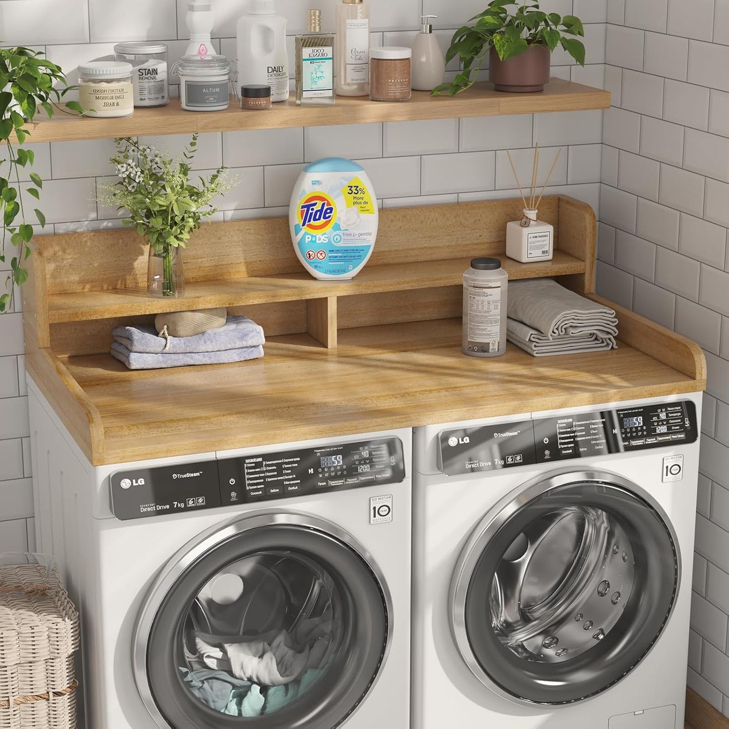 2-Tier Washer Dryer Countertop with 2.75" H Edge Rails, 54" W x 27.55" D Laundry Countertop for Folding Clothes, Washer and Dryer Topper with Non-Slip Pad (Dark Walnut)