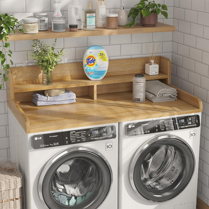 2-Tier Washer Dryer Countertop with 2.75" H Edge Rails, 54" W x 27.55" D Laundry Countertop for Folding Clothes, Washer and Dryer Topper with Non-Slip Pad (Dark Walnut)