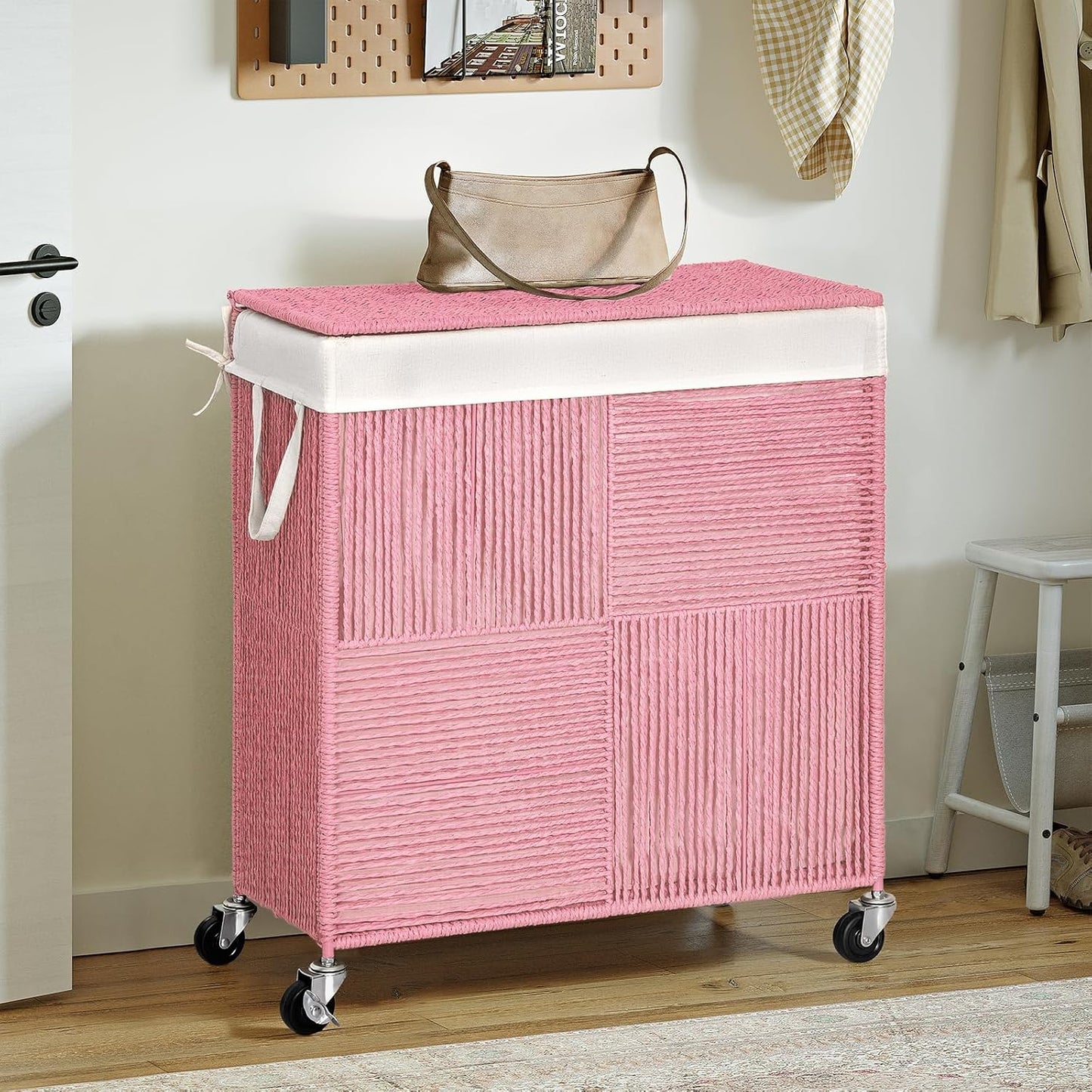 WOWLIVE Double Laundry Hamper with Wheels, Handwoven Rolling Laundry Basket | 115L Dirty Clothes Hamper with Lid, Removable Liner Bag, Large Capacity Laundry Sorter Laundry Room Organization, Green
