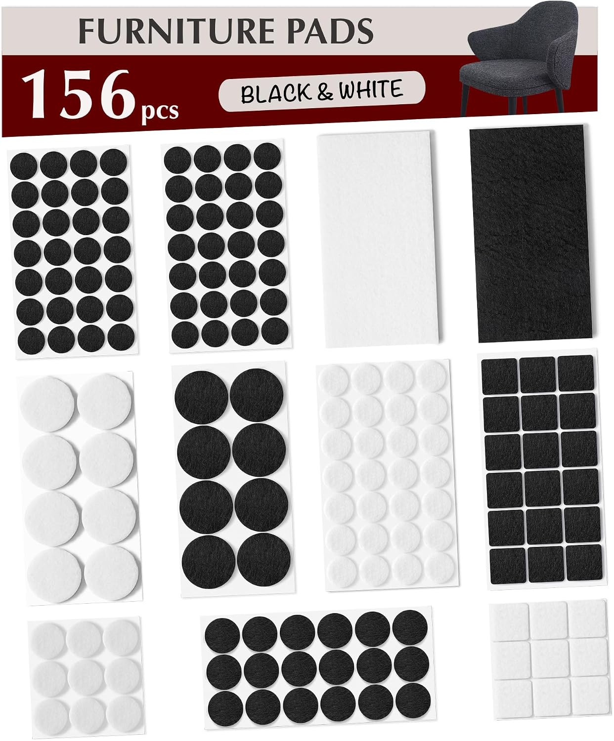 Felt Furniture Pads - 156pcs Black - Chair Leg Floor Protectors - Felt Pads | Furniture Sliders for Hardwood Floors, Chair Foot Pads, Furniture Legs, Felt Pads for Chairs, Floor Protectors for Furniture