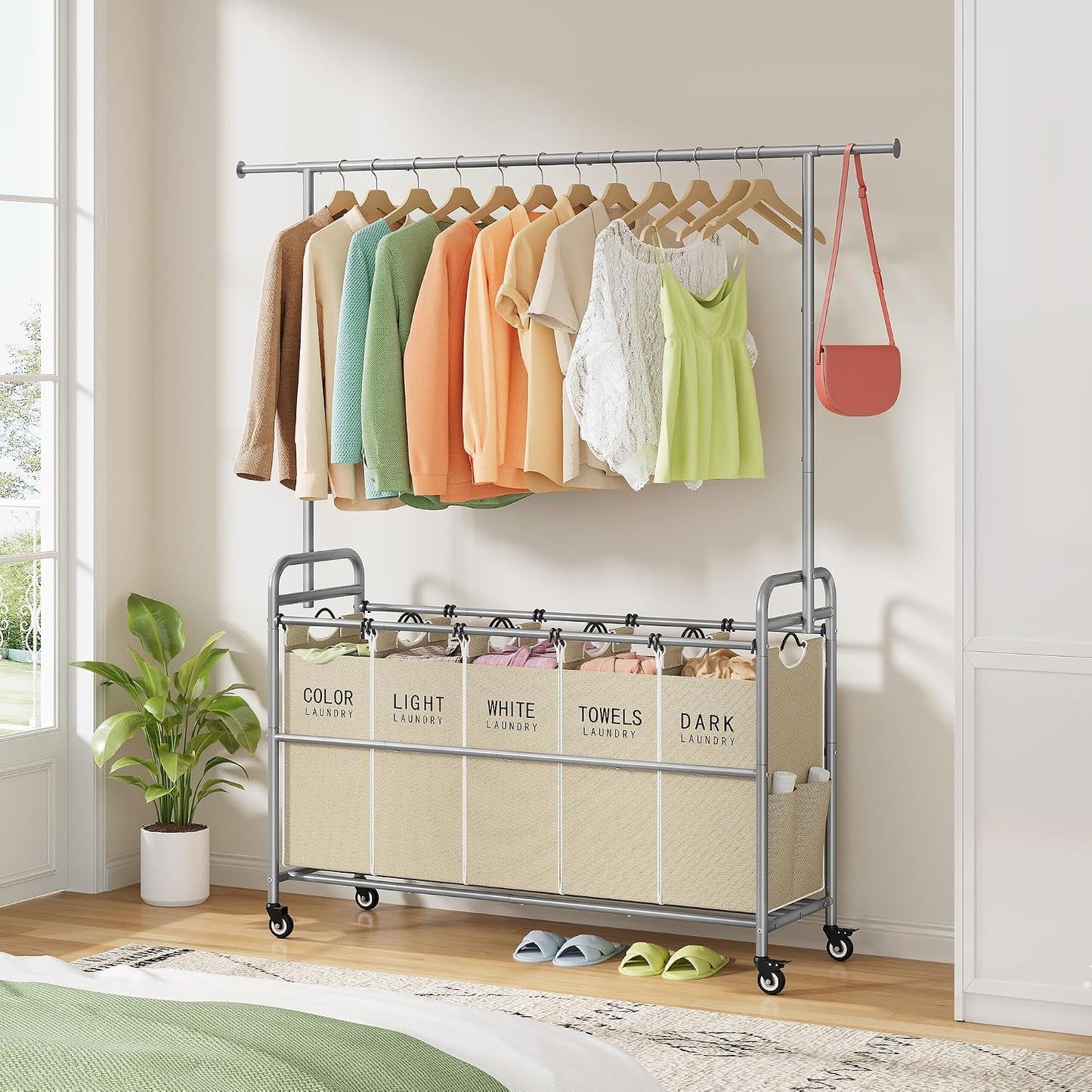 Laundry Cart with Hanging Rack, 65 Gal. Large Laundry Hamper, Beige | Rolling Laundry Cart with Hanging Bar with Removable Bag and Lockable Wheels, Separator Hamper Cart for Bedroom, Bathroom