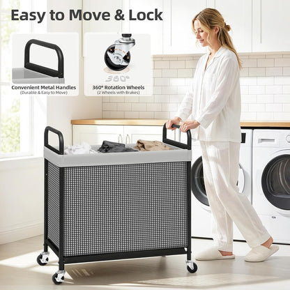 STORAGE MANIAC Rolling Laundry Hamper with Wheels 2-Section Laundry Sorter Rolling Laundrys Basket on Wheels with Removable Bag Clothes Hamper Laundrys Organizer Cart Bathroom Bedroom 100L Beige