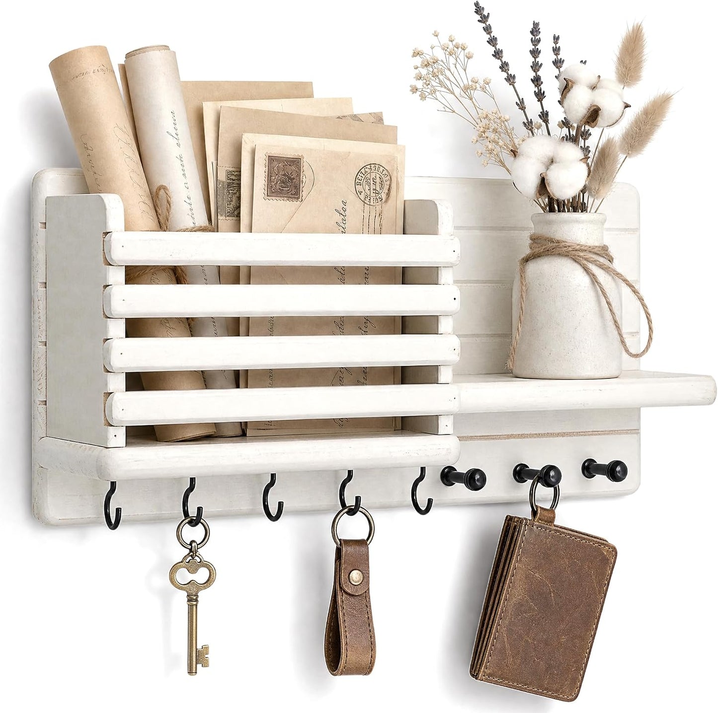 Rebee Vision Key Holder Wall Mount with Mail Slot for Entryway, Retro Brown | Pine Wood, Key Holder for Wall, 8 Hooks for Dog Leashes, Floating Shelf, Mail Sorter, New Home Essentials, Entryway Storage