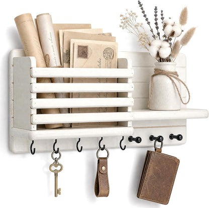 Rebee Vision Key Holder Wall Mount with Mail Slot for Entryway, Retro Brown | Pine Wood, Key Holder for Wall, 8 Hooks for Dog Leashes, Floating Shelf, Mail Sorter, New Home Essentials, Entryway Storage
