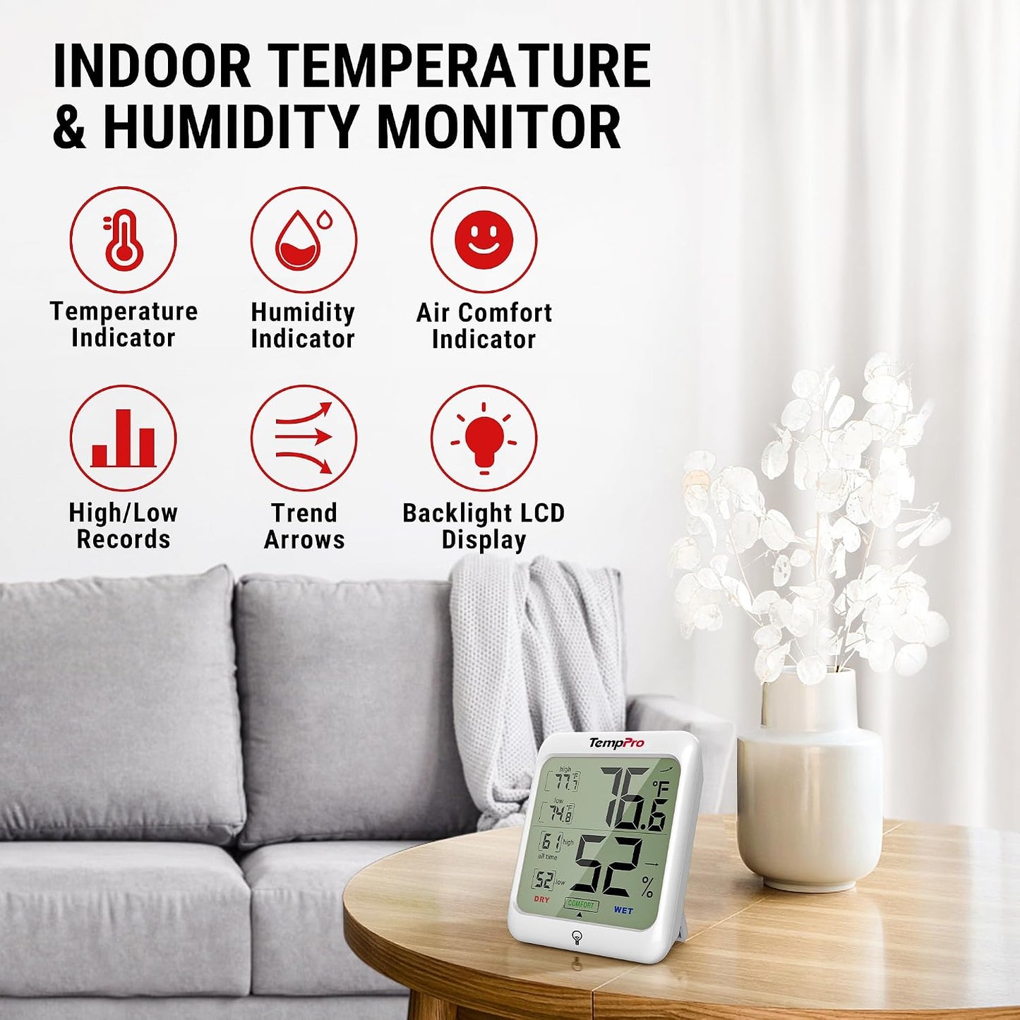TempPro TempAir Digital Hygrometer Indoor Thermometer for Home | Temperature Humidity Sensor with Comfort Indicator & Max Min Records, Backlit Display Room Thermometer Humidity Meter