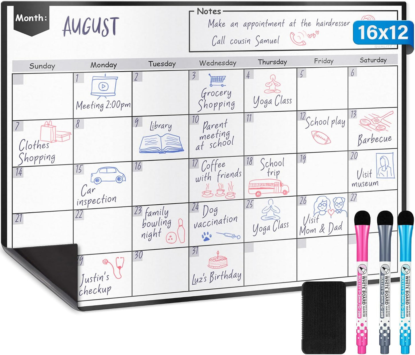 Magnetic Dry Erase Calendar 16x12 for Fridge with 3 Markers & Eraser | Strong magnetic dry erase calendar keeps schedules, meals and family plans organised on your fridge.