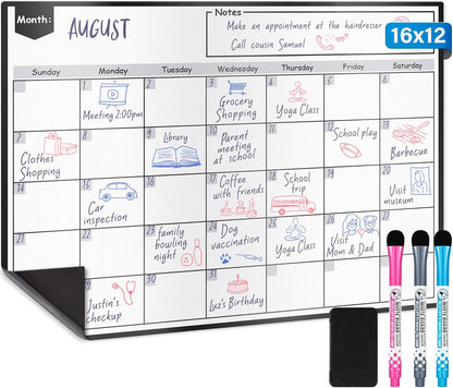 Magnetic Dry Erase Calendar 16x12 for Fridge with 3 Markers & Eraser | Strong magnetic dry erase calendar keeps schedules, meals and family plans organised on your fridge.