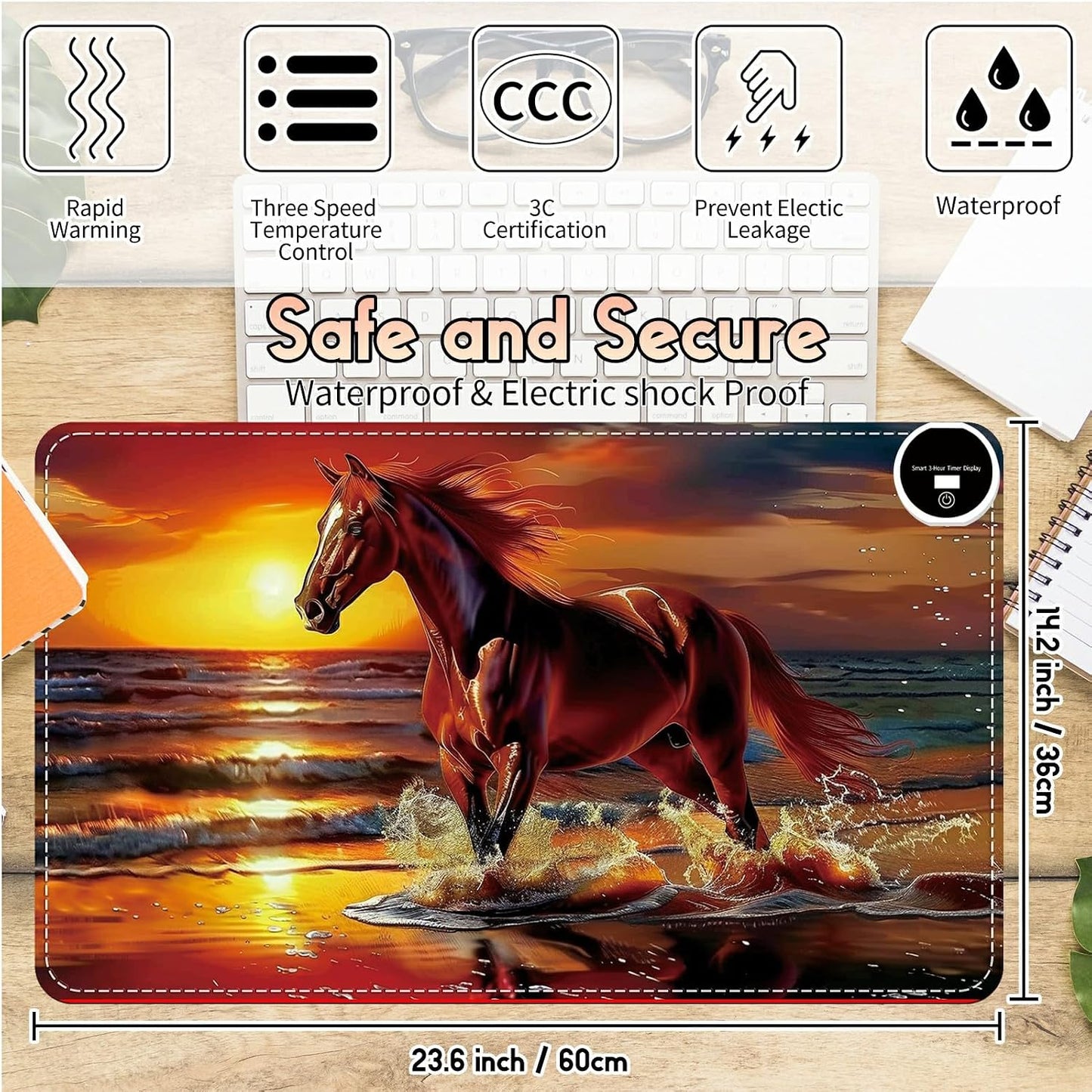 Heated Desk Pad Heated Large Mouse Pad, Electric Quickly Warm Desk Mat with 3 Levels Heating 3 Hours Auto Shut-Off, 31.5" x 13" Warm Gaming Mousepad Hand Foot Warmer, Baby Elephant