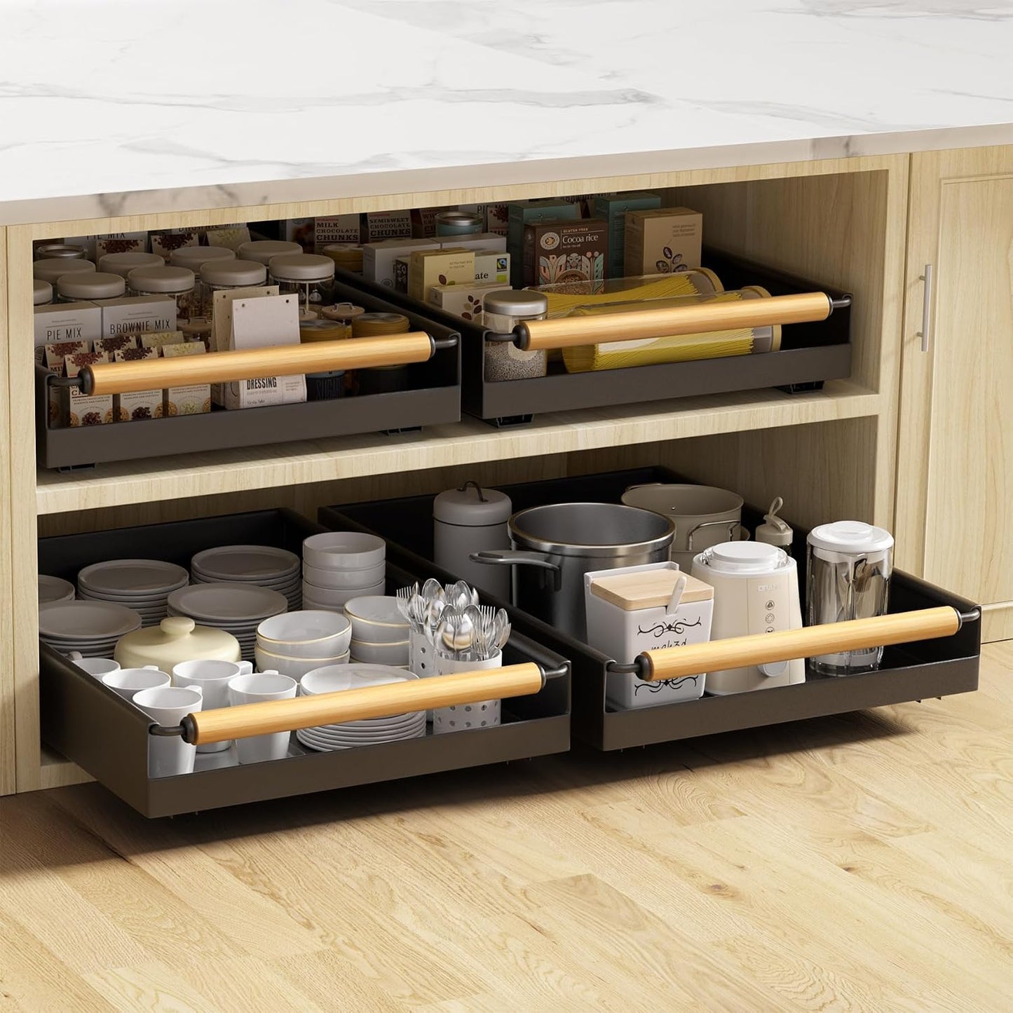 2 Pack 15.3'' Deep Expandable Slide Out Cabinet Shelf No-Drill Pull Out Drawer with Nano Film Adhesive, Heavy Duty Pull Out Tray for Kitchen, Pantry & Bathroom, Black