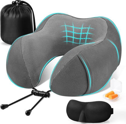 CloudBliss Neck Pillow for Airplanes, Memory Foam Travel Pillow, Black | Compact Flight Pillow with Eye Mask, Earplugs, Carry Bag, Travel Neck Pillow for Long Flight Sleep, Plane Travel Essentials