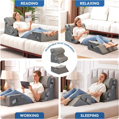 Ahpmeoa 6PCS Wedge Pillow Set for After Surgery, Back Pillow for Bed Sitting Up, Orthopedic Bed Wedge for Body, Leg Pain Relief, Memory Foam Pillow for Post Surgery, Sleeping, Acid Reflux, Plush Grey