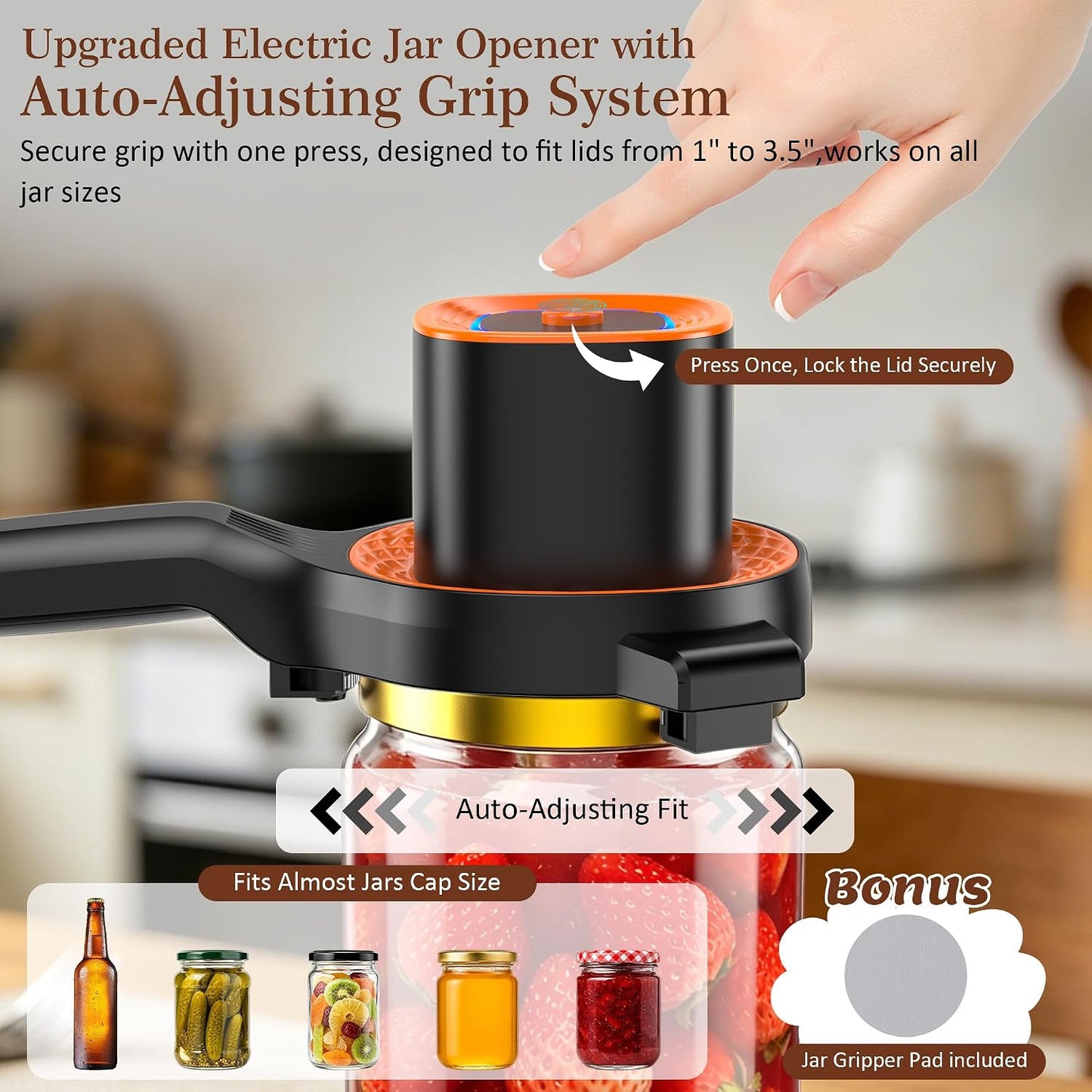 Electric Jar Opener for Seniors with Auto-Adjusting Gripper,Fit 1"-3.5" Cap | Rechargeable Jar & Bottle Openers for Weak Hands and Arthritis, Easy Twist Off Lid Opener with Rubber Gripper Pad，Red