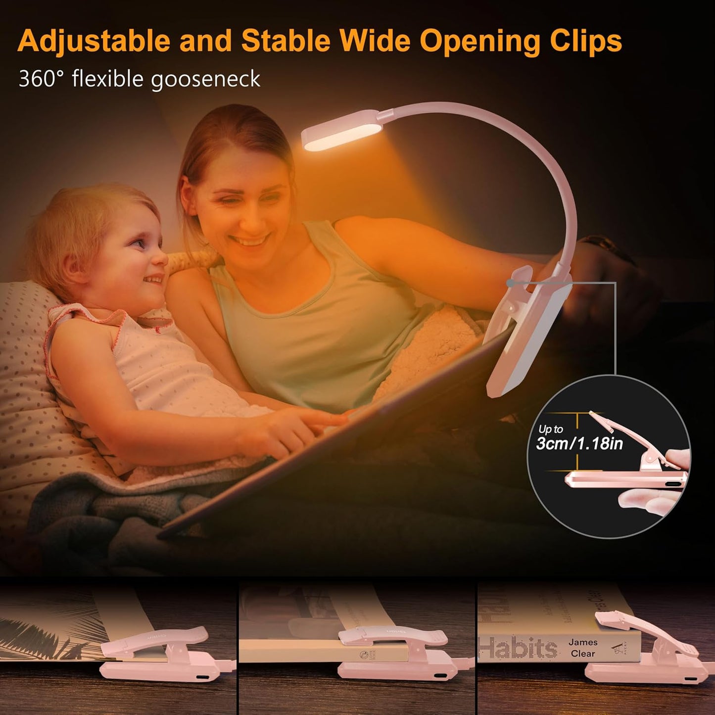 Gritin 16 LED Rechargeable Book Light for Reading in Bed | Eye Caring 3 Color Temperatures,Stepless Dimming Brightness,80 Hrs Runtime,Lightweight Flexible Clip on Light for Book Lovers
