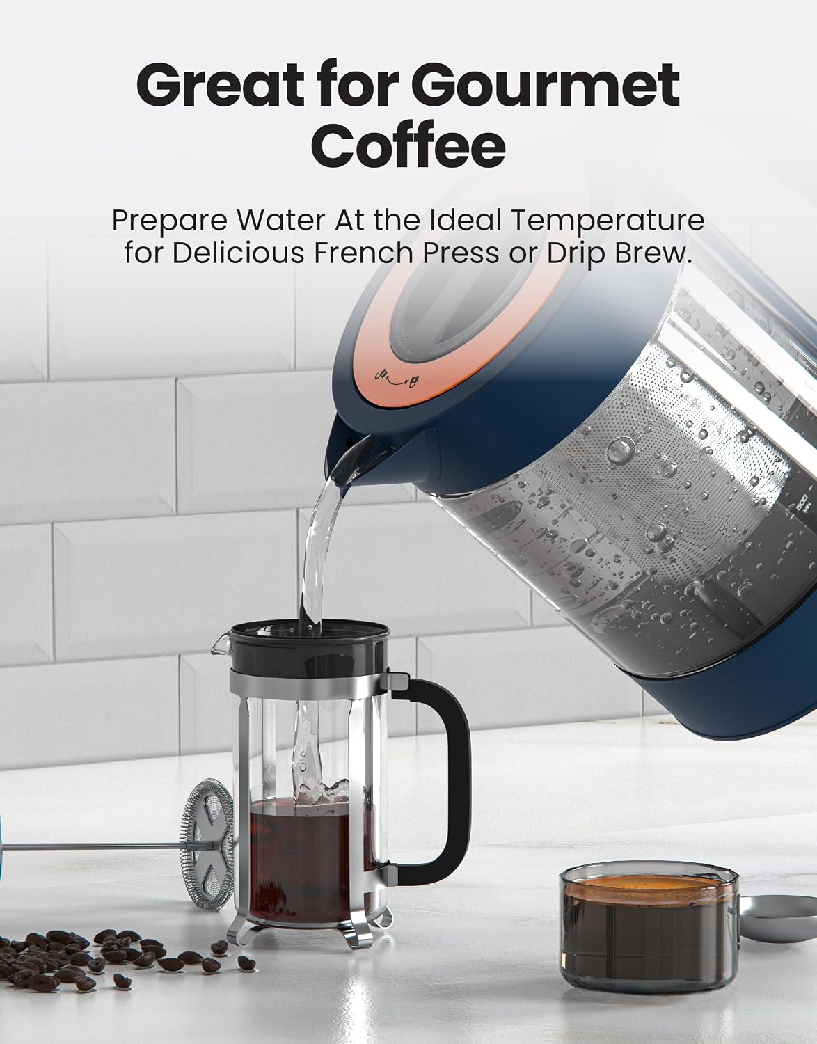Viante Alba Electric Tea Kettle With Infuser, No Plastic, 1.5L | Borosilicate glass & 304 stainless steel construction. 4 temp presets, keep-warm, cordless, auto shut-off
