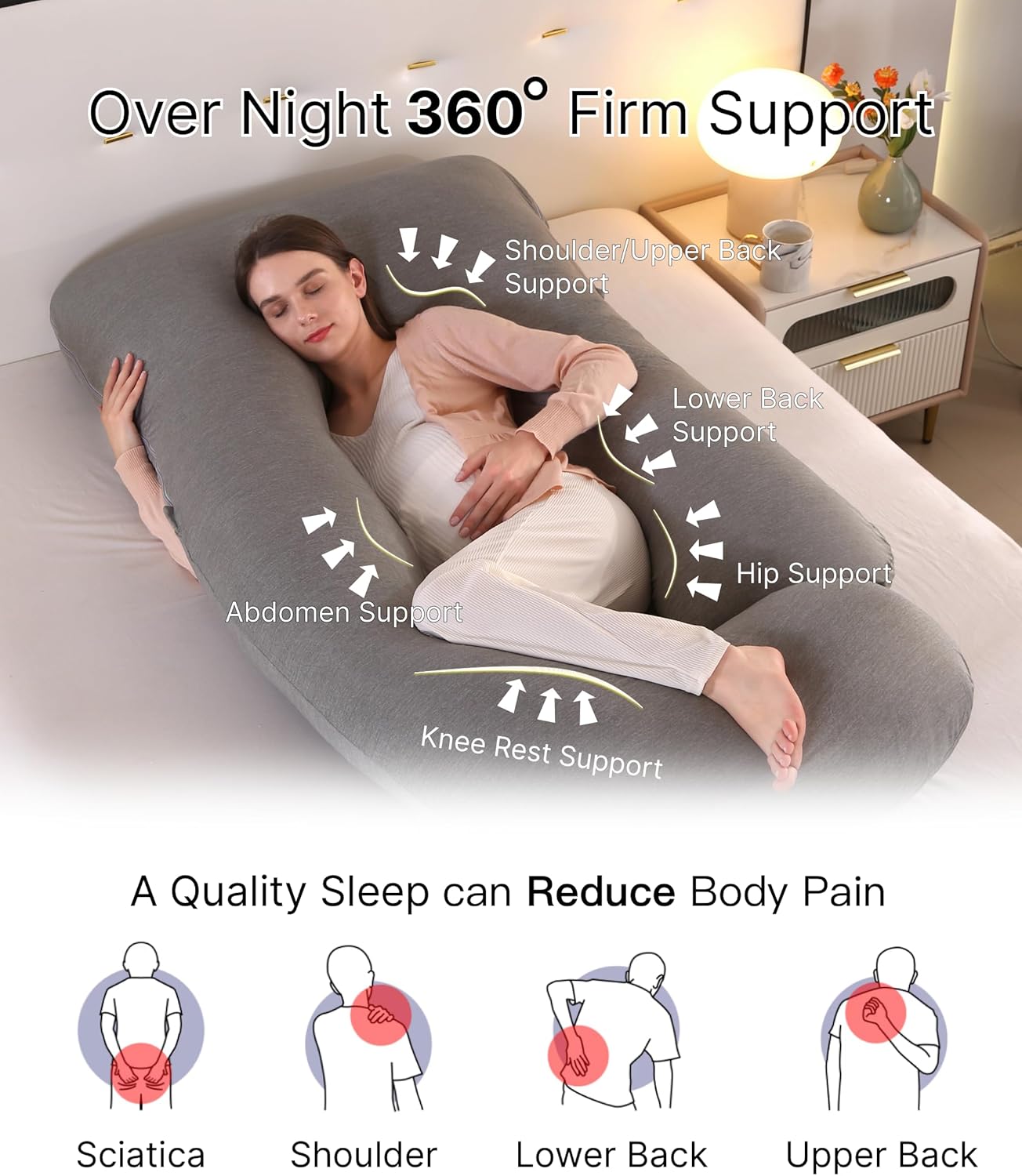 ALLOPERA Pregnancy Pillows for Sleeping, 57-Inch U-Shaped Full Body Maternity Pillow with Adjustable Fill and Removable Washable Cover, Back, Belly, Hip and Leg Support for Pregnant Women, Black Grey