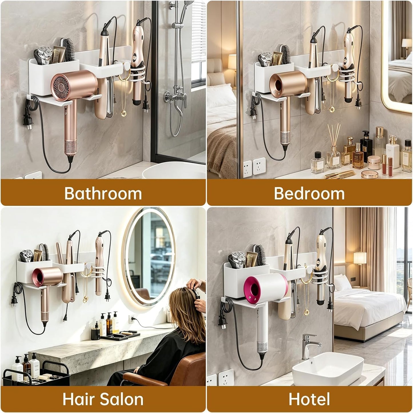 5 in 1 Hair Dryer Holder Hair Tool Organizer Metal Wall Mount (Black) | Curling iron and flat iron storage, Heavy-duty metal rack for styling tools, Cluttered countertops solution for space saving