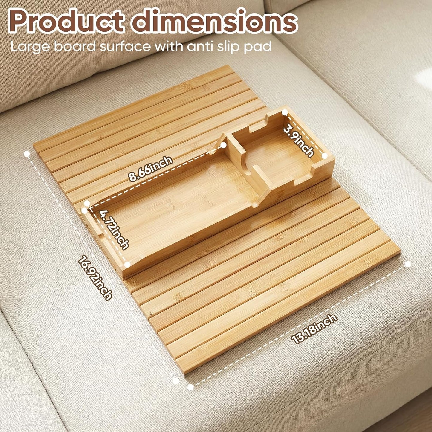 Bamboo Couch Arm Tray Table with Built-in Cup Holder, Foldable Anti-Slip Sofa Armrest Table for Drinks, Phone & Remote, Fits 4.7–16.9 in Armrests, Holds Cups up to 3.5 in Diameter (Bamboo)