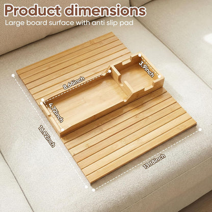 Bamboo Couch Arm Tray Table with Built-in Cup Holder, Foldable Anti-Slip Sofa Armrest Table for Drinks, Phone & Remote, Fits 4.7–16.9 in Armrests, Holds Cups up to 3.5 in Diameter (Bamboo)