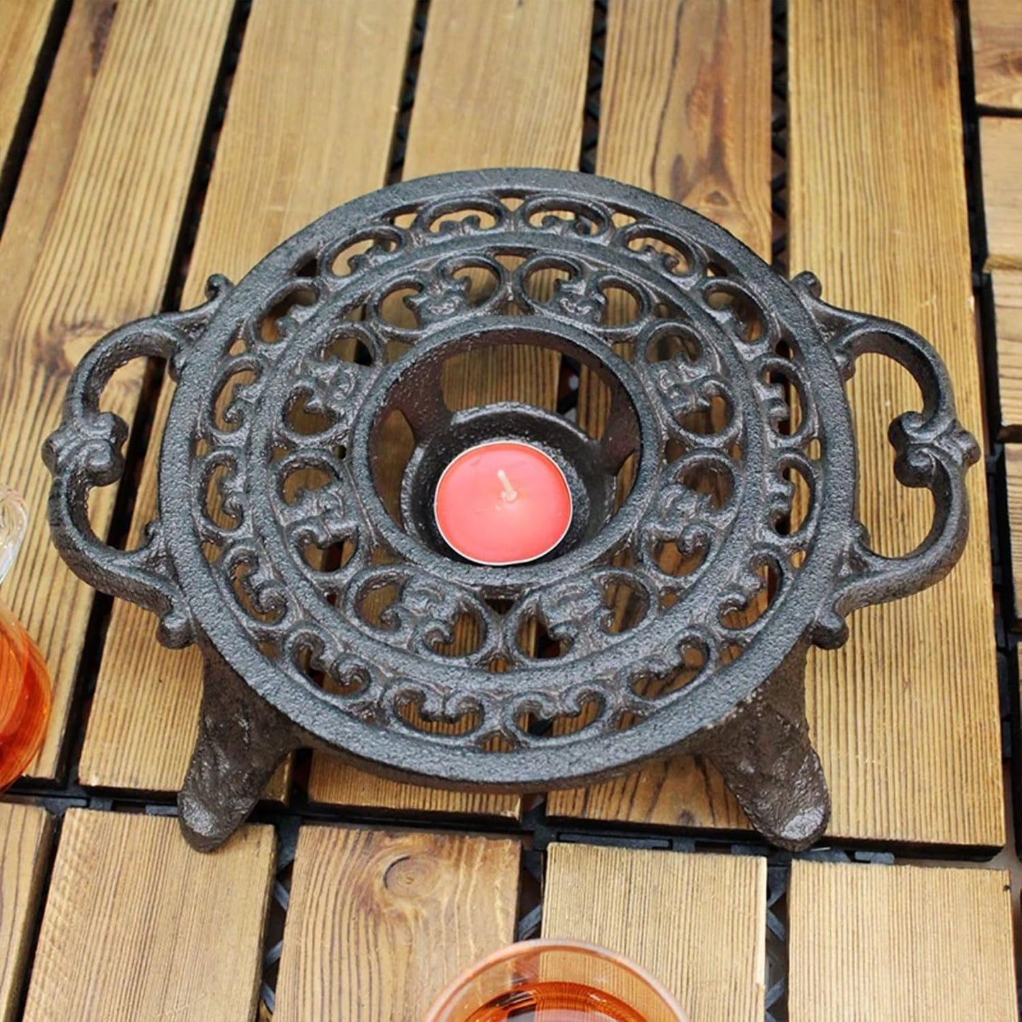 6.1 Inches Cast Iron Teapot Warmer Dish Cups Trivet,Flower-Shaped Design with Tealight Holder - Heavy Duty & Decorative Candle Holder Stands for Heat Food Coffee Milk or Tea