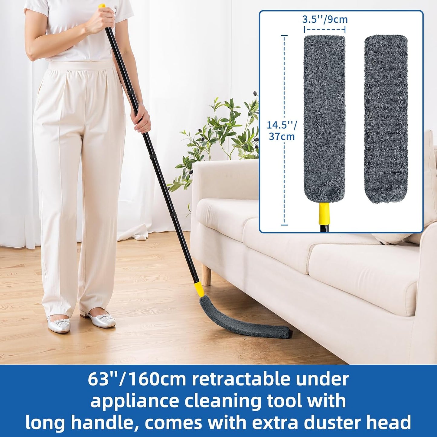 Qaestfy Under Appliance Cleaning Tool with Long Handle, 2 Reusable Microfiber Pads, 5 Disposable Dusting Cloths, Retractable Flat Gap Duster (30-63”) for Behind Fridge, Washer, Bed, Furniture