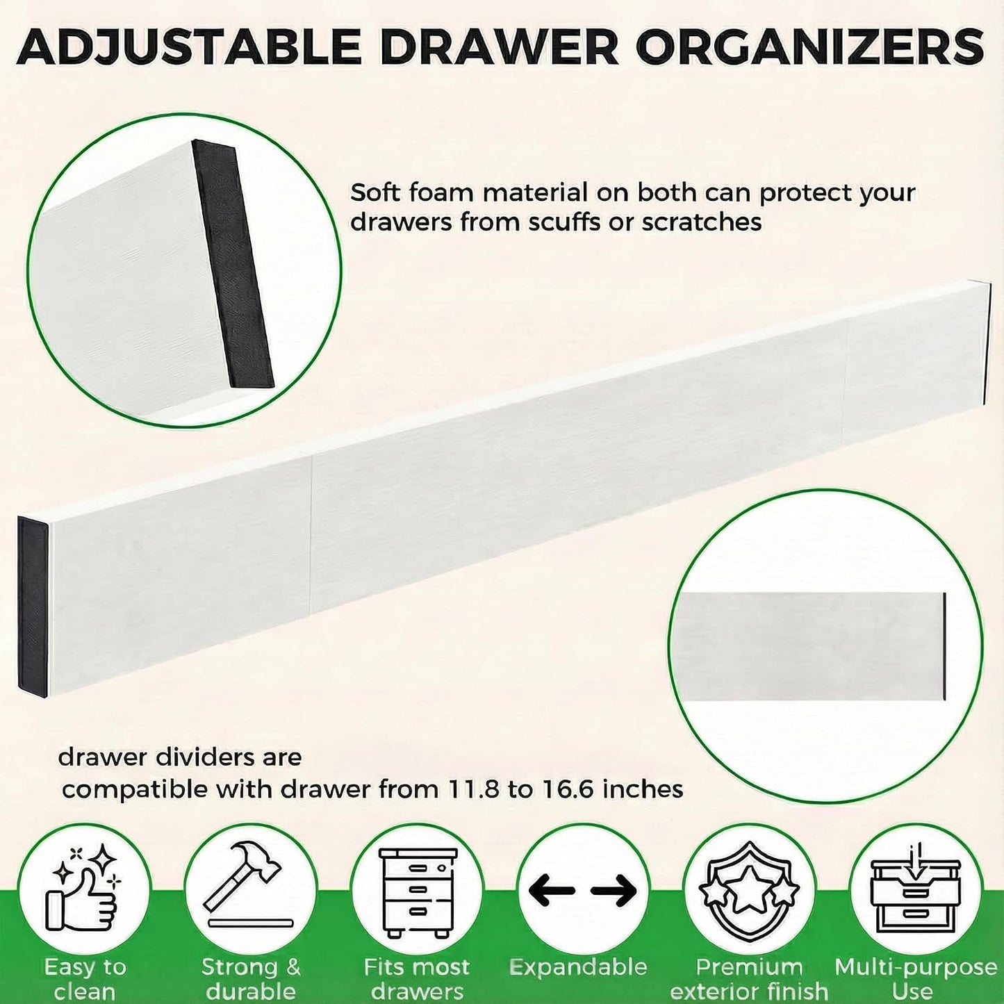 4 Pack Bamboo Drawer Dividers Organizer with Inserts 2.6'' High | Expandable from 12.5-21.7", Adjustable Drawer Organizer Separators for Utensils, Clothing, Office, Dresser, Bedroom, (Beige)